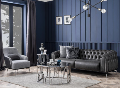 Chesterfield Garnitur Sofa 4 Sitz Sessel Viersitzer Kunstleder Schwarz